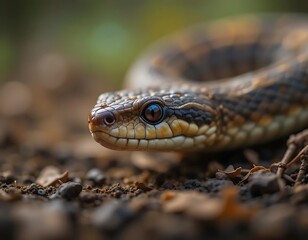 Obraz premium Brown patterned snake crawling on forest floor, nature wildlife reptile