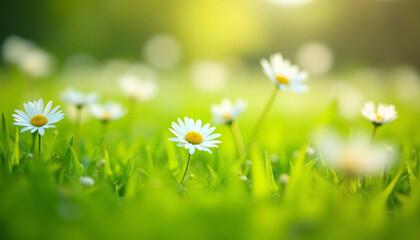 Beautiful blooming daisies in a lush green meadow with soft sunlight and a natural bokeh background. Perfect for spring and summer themes, nature design, and wellness visuals.
