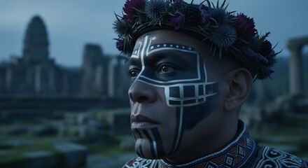 Man with tribal face paint and floral crown, a striking image for culture, spirituality, or artistic expression. Perfect for fantasy or ritual themed projects.