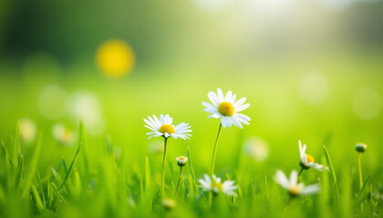 Beautiful blooming daisies in a lush green meadow with soft sunlight and a natural bokeh background. Perfect for spring and summer themes, nature design, and wellness visuals.