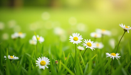 Beautiful blooming daisies in a lush green meadow with soft sunlight and a natural bokeh background. Perfect for spring and summer themes, nature design, and wellness visuals.