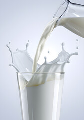 Milk Pouring from Jug into Glass with Splash on Light Background