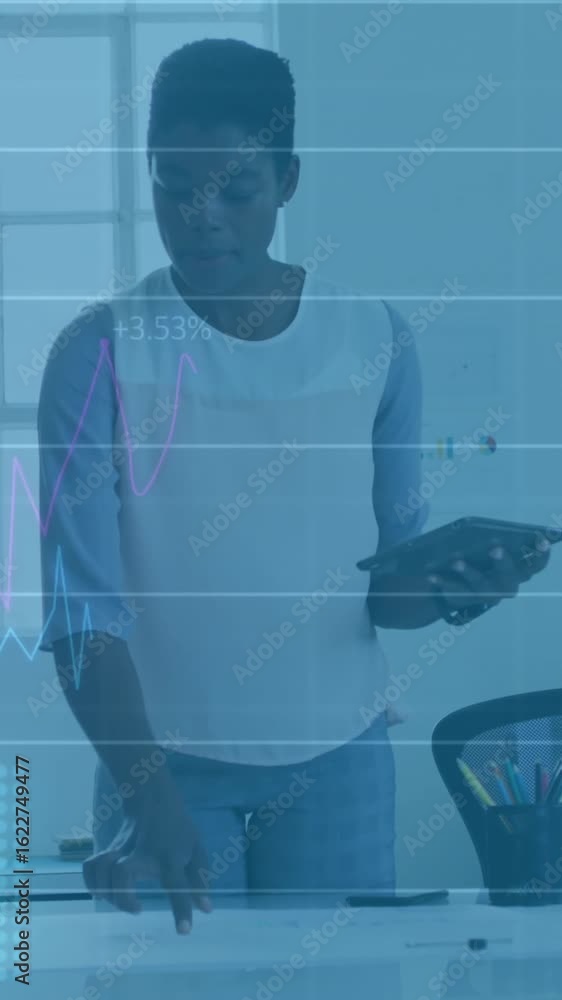 Poster animation of data processing over diverse business people talking in office
