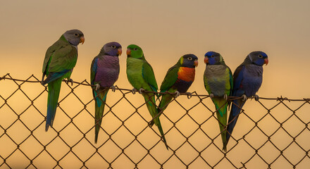 Parrots perch atop a wire fence at sunset, creating a vibrant and eye-catching display of color