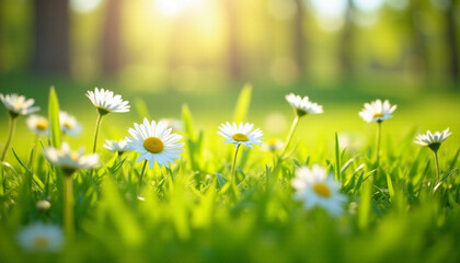 Beautiful blooming daisies in a lush green meadow with soft sunlight and a natural bokeh background. Perfect for spring and summer themes, nature design, and wellness visuals.