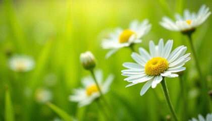 Beautiful blooming daisies in a lush green meadow with soft sunlight and a natural bokeh background. Perfect for spring and summer themes, nature design, and wellness visuals.