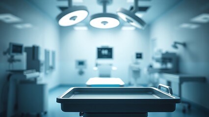 Sterile medical environment with empty surgical tray and dramatic lighting, conveying modern healthcare.