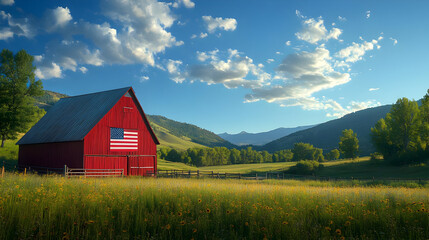 Obraz premium Red Barn, American Flag, Wildflowers, Mountain Landscape Illustration