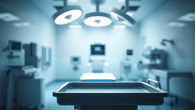 Sterile medical environment with empty surgical tray and dramatic lighting, conveying modern healthcare.
