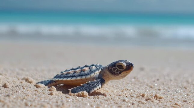 Adorable baby sea turtle emerging from egg on pebble beach with ocean backdrop, symbolizing new life, hope, and wildlife conservation.