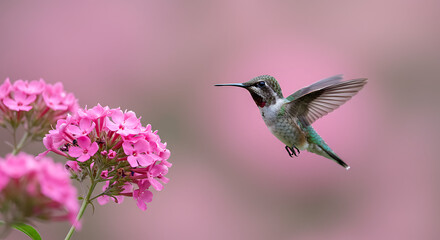 Fototapeta premium Hummingbird feeding on vibrant pink blossoms, capturing delicate motion and natural beauty in a serene floral environment 
