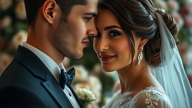 A bride and groom in elegant attire, capturing love and romance in a timeless moment.