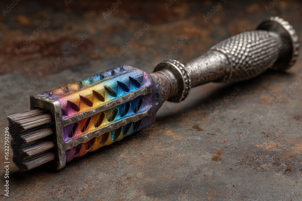 Poster unique multicolored tool with ornate handle rests on textured surface showcasing craftsmanship and d