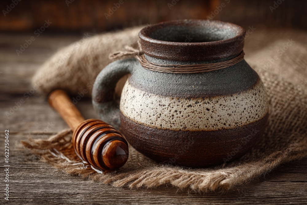 Poster ceramic pot with honey dipper on burlap resting on wooden table in rustic setting