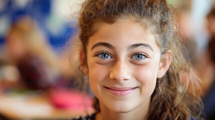 Fototapeta premium A young student smiling warmly in a classroom setting, exuding a positive learning atmosphere.