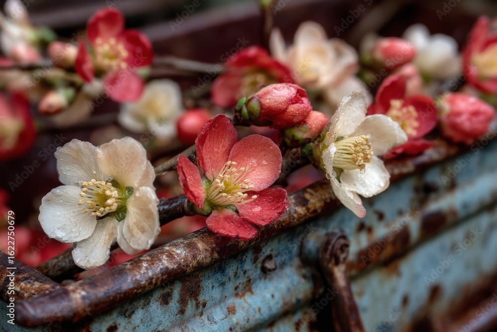 Poster blooming red and white flowers arranged in an old rustic container amidst a weathered background in 