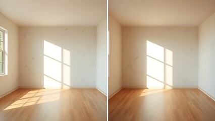 Obraz premium A side-by-side comparison of empty rooms showcasing different wall textures in ambient light.