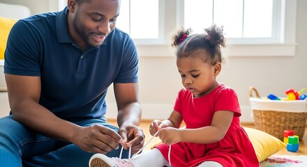 Father Helping Daughter Tie Shoelaces – Tender Parenting Moment Indoors