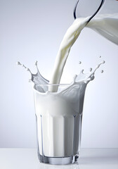 image captures the moment fresh milk is poured from a clear glass jug into a drinking glass, creating a spectacular splash