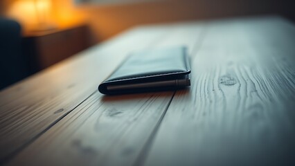A sleek wallet lies on a wooden surface, highlighted by warm ambient lighting in a minimalist setting.