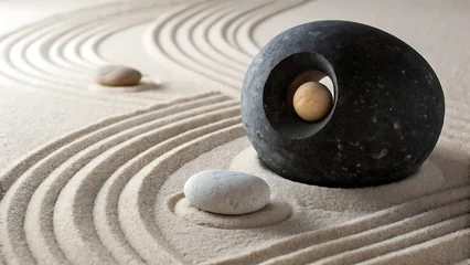 Fotobehang Zen Stenen Zen garden stone arrangement with raked sand and lighted orb  © Wave