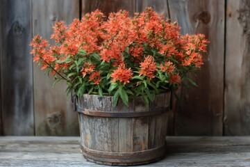 Vibrant orange flowers in a rustic wooden bucket against a weathered wooden backdrop
