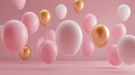 Pink and gold balloons float elegantly against soft gradient backdro