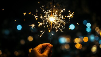 Teen Holding Sparkler at Night, Hand holding sparkler at night with bokeh lights in the background,  anniversary, jubilei, birthday party, carnival
