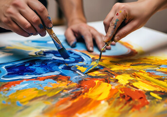 Obraz premium Two Artists Working on Same Painting Together Hands Collaboration Teamwork