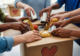 Volunteers Packing Donation Box Together Hands Charity Help Community Support