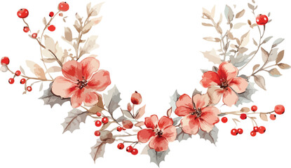 Watercolor floral wreath with red flowers berries and neutral leaves