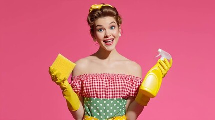 A smiling woman in retro attire is holding a yellow spray bottle and a sponge, ready to tackle cleaning tasks against a pink backdrop. - Powered by Adobe