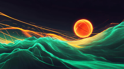 Glowing Neon Basketball with Fiery Energy Trails on Abstract Dark Background
