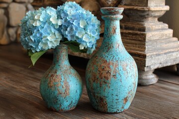 Decorative vases with blue hydrangea flowers placed on rustic wooden table in cozy indoor setting