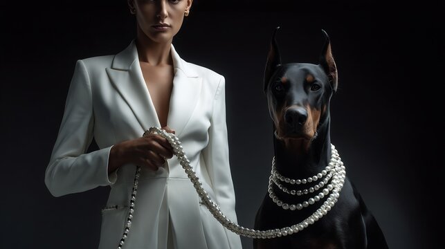 Elegant woman in white suit and her doberman dog with pearls against dark background