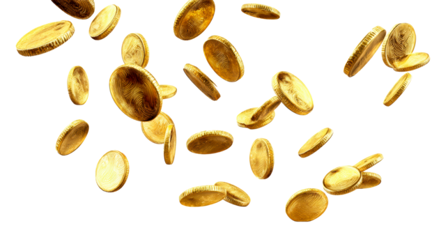 Golden coins falling from above on a transparent background