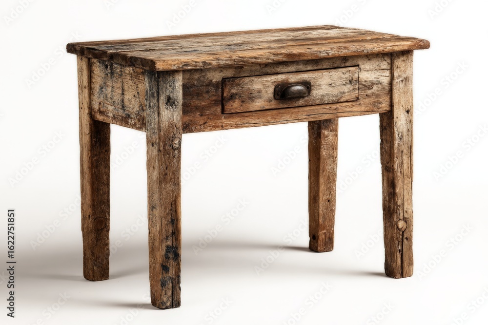 Poster rustic wooden table with a single drawer in a minimalist setting showcasing its weathered charm and 