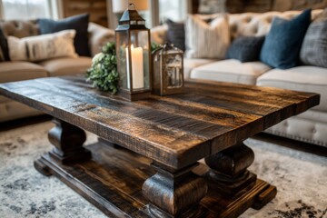 Rustic wooden coffee table with decorative lanterns and cozy couch in modern living room setting
