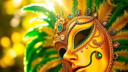 Golden-green feathered carnival mask with gemstones, representing Brazil Independence Day's festive luxury.