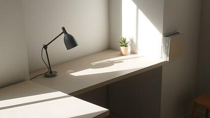 A minimalist workspace with a clean desk surface, highlighted by subtle shadows and soft side window light.