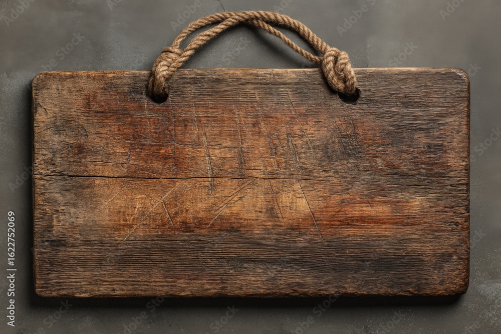 Poster wooden signboard with rope hanging against a textured background in a rustic setting