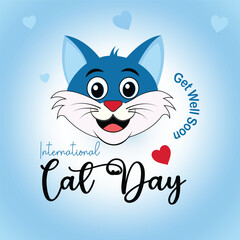 Happy International Cat Day – Hand-Drawn Smiling Cat Head Illustration on Flat Blue Background, Cute Vector Art for Pet Lovers