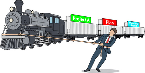 An office worker pulls a train of projects and reports: a metaphor for the immense weight of responsibility, work tasks, deadlines, and burnout.