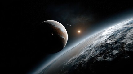 A distant planet with an atmosphere and two moons orbits a star in space. A barely visible spacecraft is also in orbit. Concept World Space Week.
