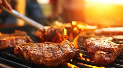 BBQ juicy steaks grilling over open flames, showcasing a mouthwatering barbecue scene with vibrant colors and smoky texture.