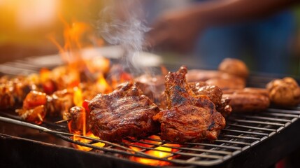 BBQ Sizzling meats on a grill with flames and smoke, capturing the essence of a vibrant outdoor barbecue scene.