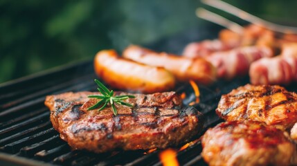 A BBQ delicious assortment of grilled meats, including steaks and sausages, sizzling on a barbecue with herbs garnishing the dish.