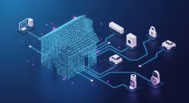 Conceptual depiction of a smart home ecosystem with digital connections visualized