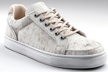 Linen fabric low-top sneakers, neutral beige and white color match, ultra-detailed presentation, 4K HD hyper-realistic, no text/brand/light sources/rays