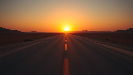 Fototapeta premium A desert road splits under a golden sunset, creating a striking contrast with warm hues.